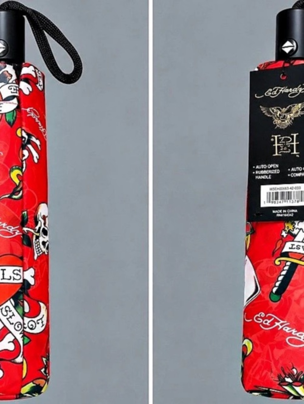 NWT Ed Hardy Love Kills Slowly Skull Heart Red Auto Open Close Umbrella